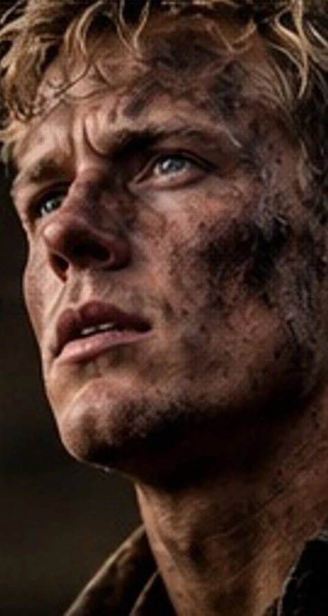 Concept portrait of a young, battle-worn Anders Lassen looking toward the horizon